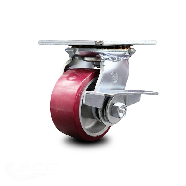 4 Inch Heavy Duty Poly on Aluminum Caster with Roller Bearing and Brake SCC